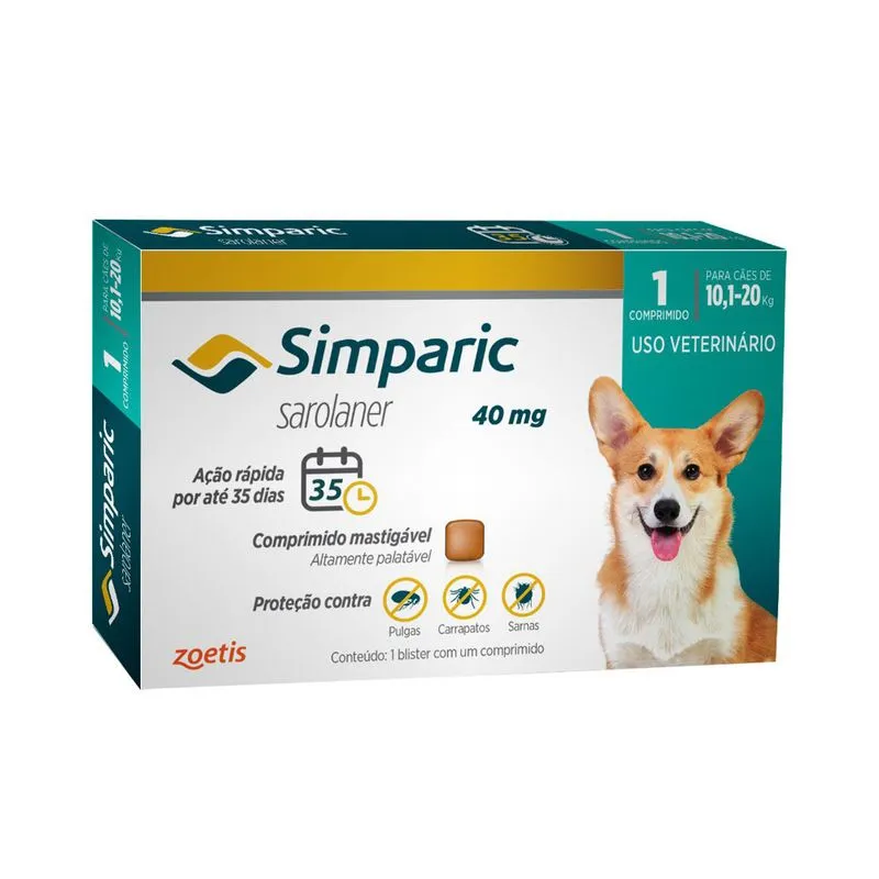 Simparic antipulgas para cães de 10,1 a 20kg de 40mg
